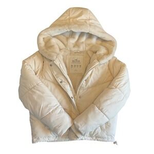 Hollister Ultimate Puffer Collection Faux Fur Lined Hooded Jacket Cream Womens S